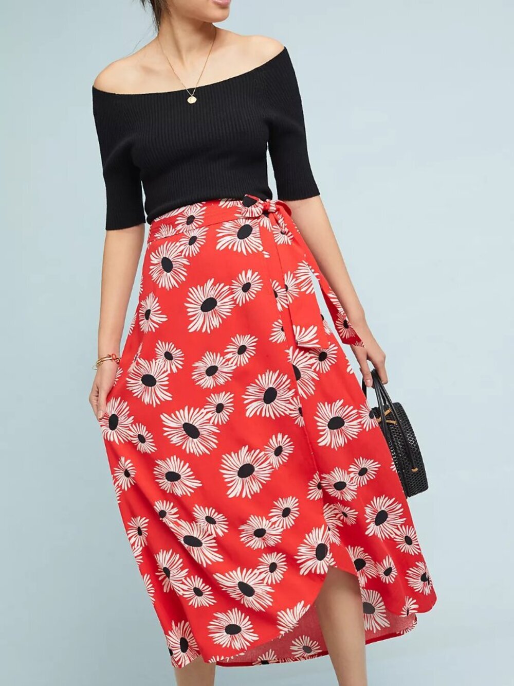 Anthropologie Conversations Colloquial Red Daisy Print Wrap Midi Skirt S - Picture 3 of 9